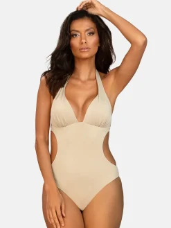 Beżowe błyszczące monokini push-up FL25/641L Lurex