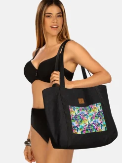 Czarna duża torba plażowa damska F87/BAG43 liście