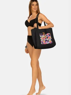 Czarna duża torba plażowa damska F87/BAG42 Flower