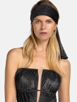 Czarna długa apaszka na głowę modny materiał Lurex