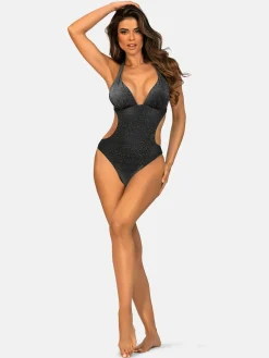 Czarne błyszczące monokini push-up FL25/707L Lurex