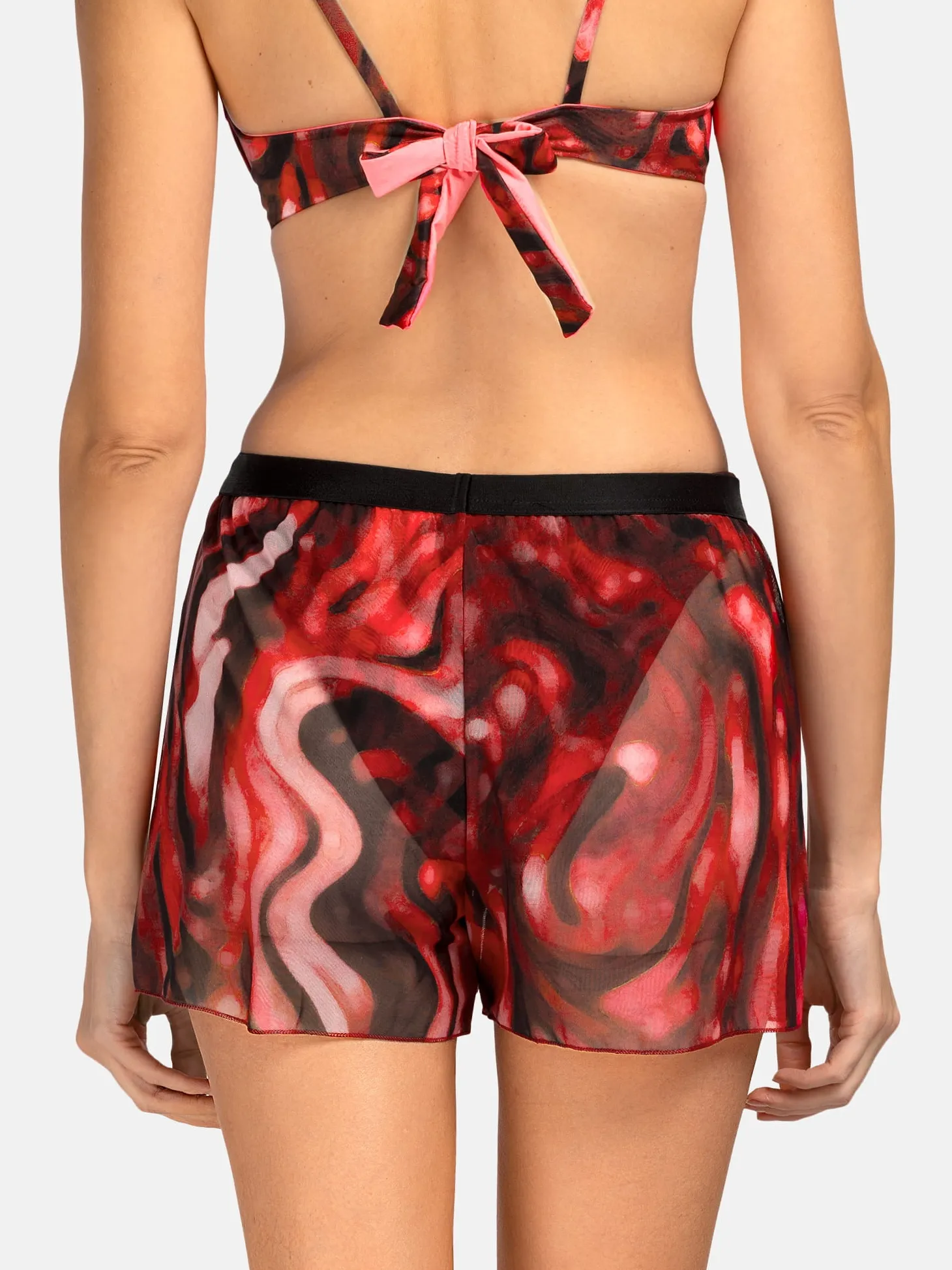 Damskie transparentne szorty plażowe bordo print