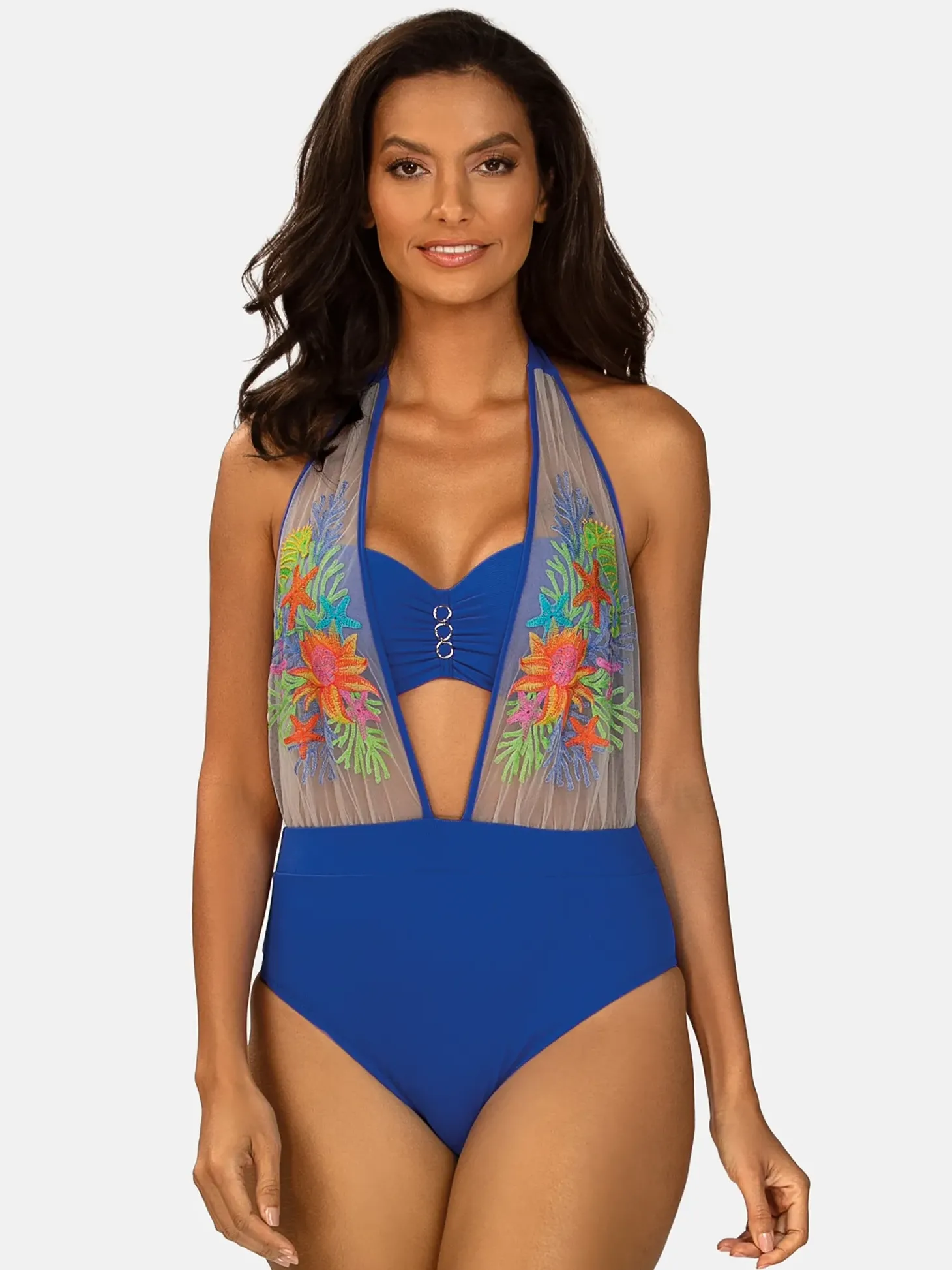 Monokini jednoczęściowe kwiatowy haft FL168A/604H