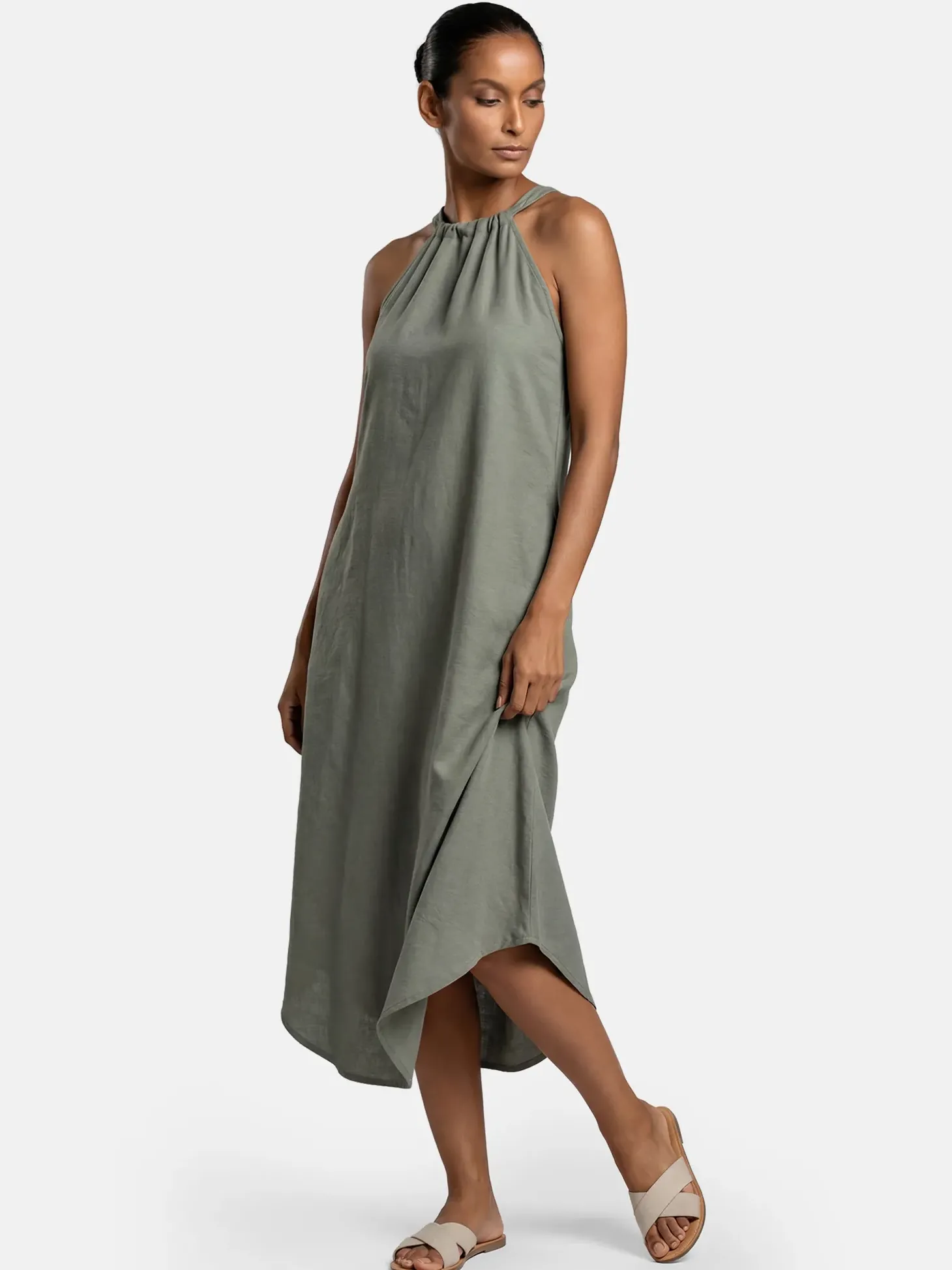 Sukienka maxi z lnem na ramiączkach F252/857 khaki