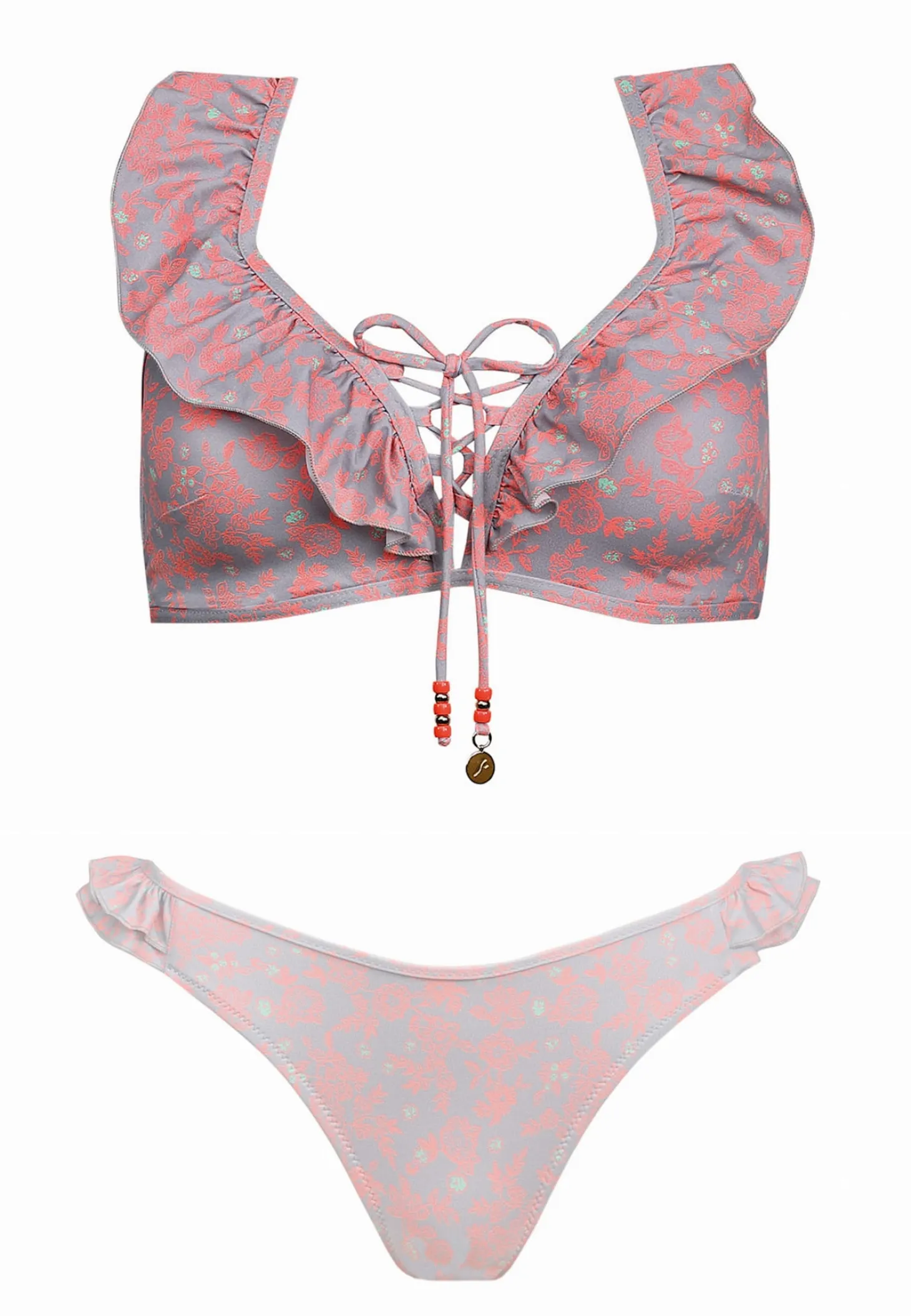 Sznurowana góra bikini z falbanką kwiaty FG188/829