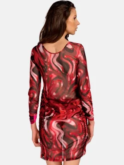 Transparentna letnia sukienka w bordowy print