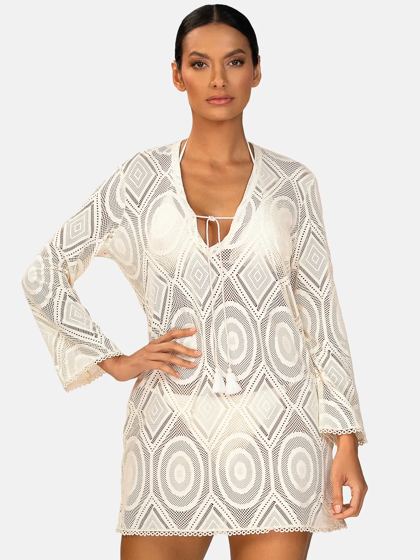 Tunika plażowa Boho z długim rękawem F235/641H