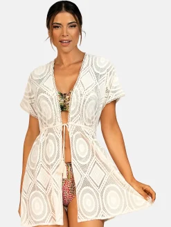 Wiązana narzutka plażowa ze wzorem boho F218/641H